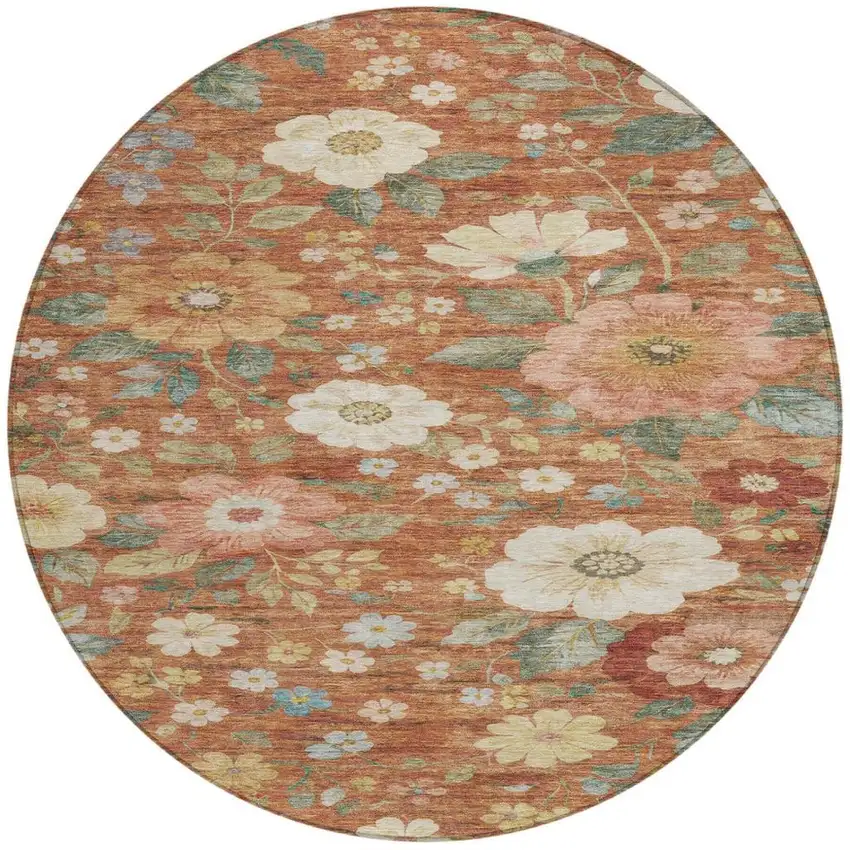 8' Orange And Beige Round Floral Washable Indoor Outdoor Area Rug Photo 4