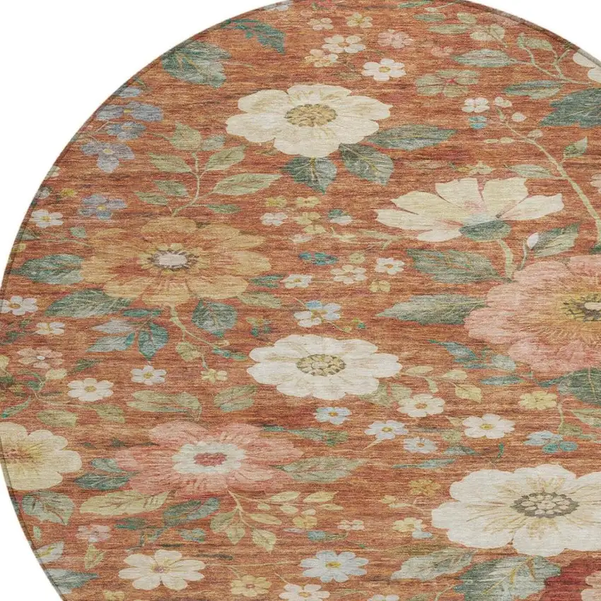 8' Orange And Beige Round Floral Washable Indoor Outdoor Area Rug Photo 3