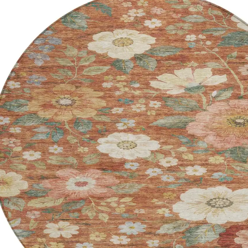 8' Orange And Beige Round Floral Washable Indoor Outdoor Area Rug Photo 9