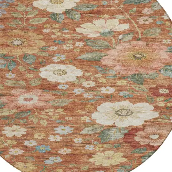 8' Orange And Beige Round Floral Washable Indoor Outdoor Area Rug Photo 8