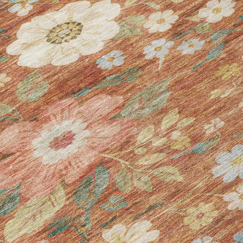 8' Orange And Beige Round Floral Washable Indoor Outdoor Area Rug Photo 7