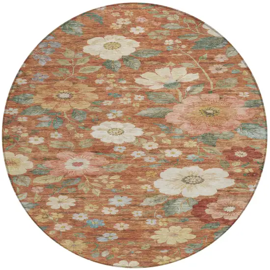 8' Orange And Beige Round Floral Washable Indoor Outdoor Area Rug Photo 1