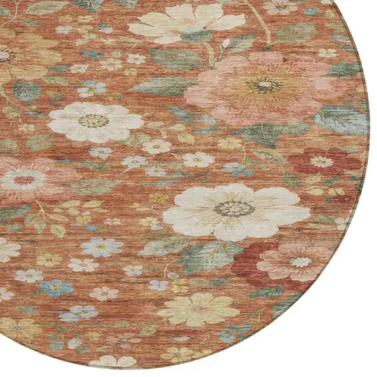 8' Orange And Beige Round Floral Washable Indoor Outdoor Area Rug Photo 5