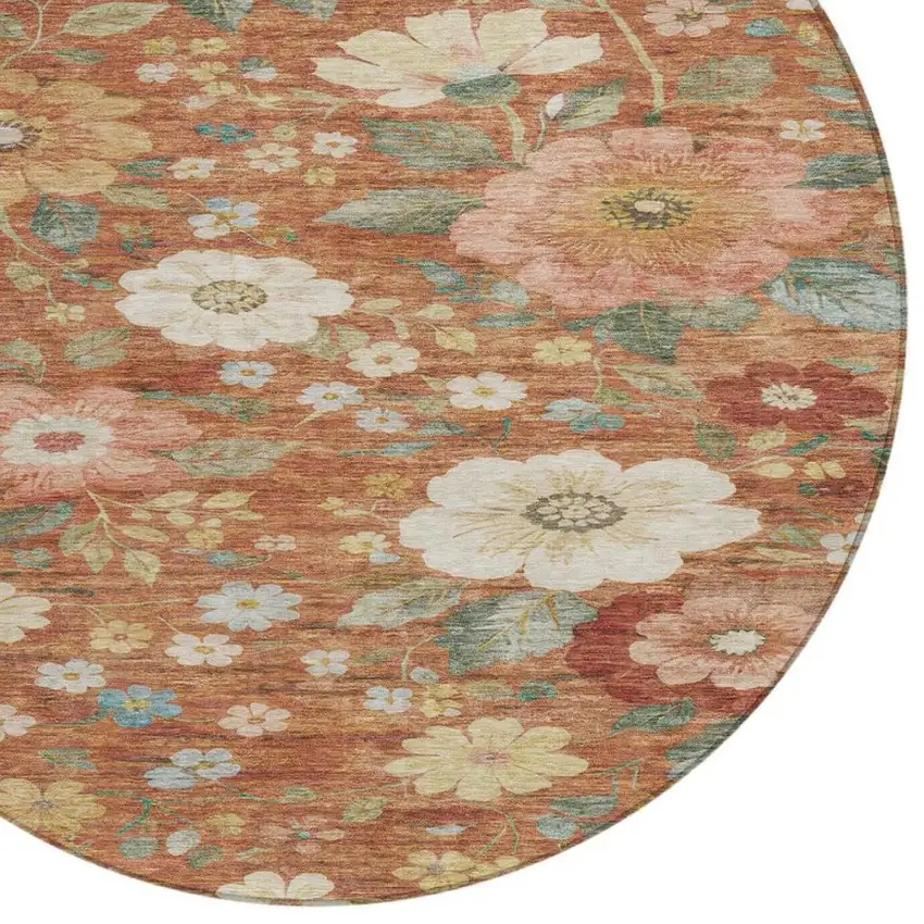 8' Orange And Beige Round Floral Washable Indoor Outdoor Area Rug Photo 5