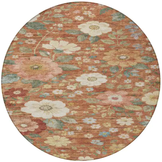 8' Orange And Beige Round Floral Washable Indoor Outdoor Area Rug Photo 2