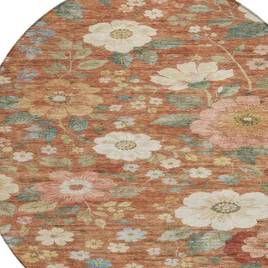 8' Orange And Beige Round Floral Washable Indoor Outdoor Area Rug Photo 6