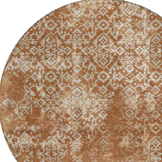 8' Orange And Beige Round Oriental Washable Indoor Outdoor Area Rug Photo 3