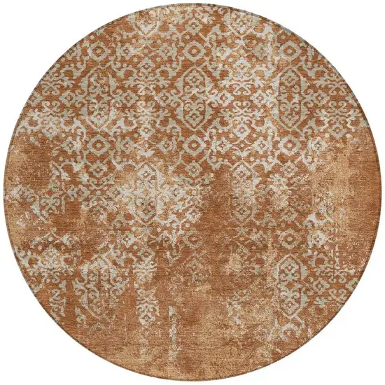 8' Orange And Beige Round Oriental Washable Indoor Outdoor Area Rug Photo 4