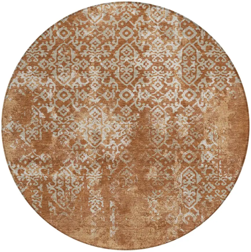 8' Orange And Beige Round Oriental Washable Indoor Outdoor Area Rug Photo 2
