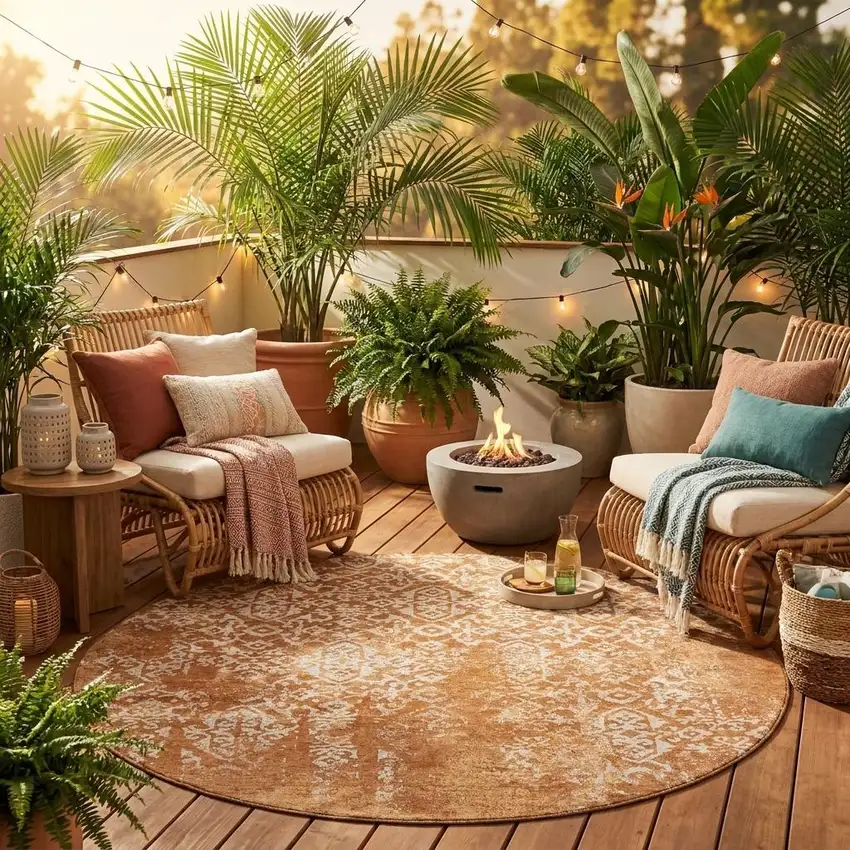 8' Orange And Beige Round Oriental Washable Indoor Outdoor Area Rug Photo 1