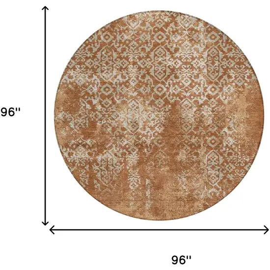 8' Orange And Beige Round Oriental Washable Indoor Outdoor Area Rug Photo 7