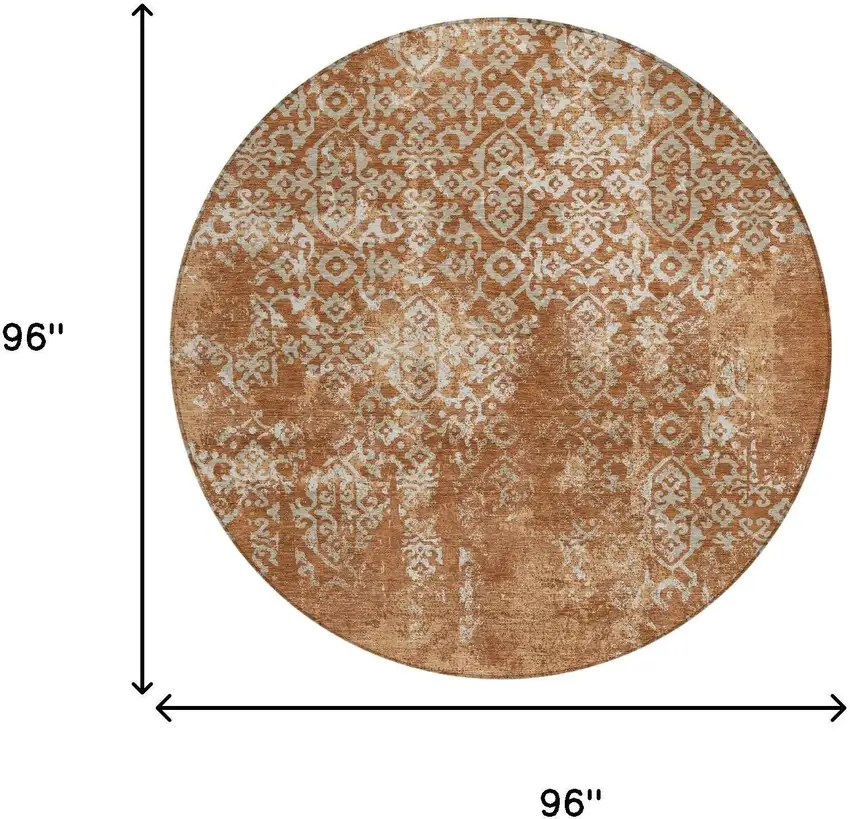 8' Orange And Beige Round Oriental Washable Indoor Outdoor Area Rug Photo 7