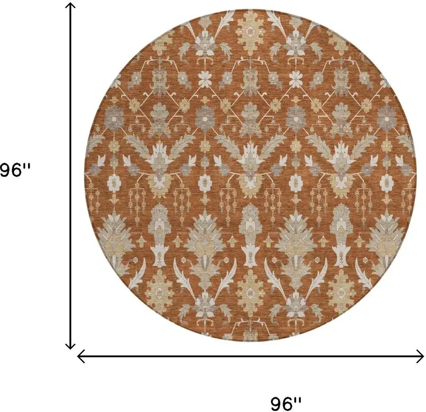 8' Orange And Beige Round Oriental Washable Indoor Outdoor Area Rug Photo 5
