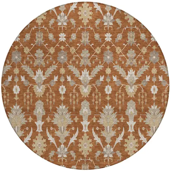 8' Orange And Beige Round Oriental Washable Indoor Outdoor Area Rug Photo 2