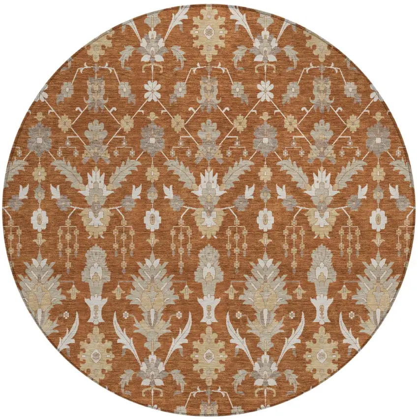 8' Orange And Beige Round Oriental Washable Indoor Outdoor Area Rug Photo 2