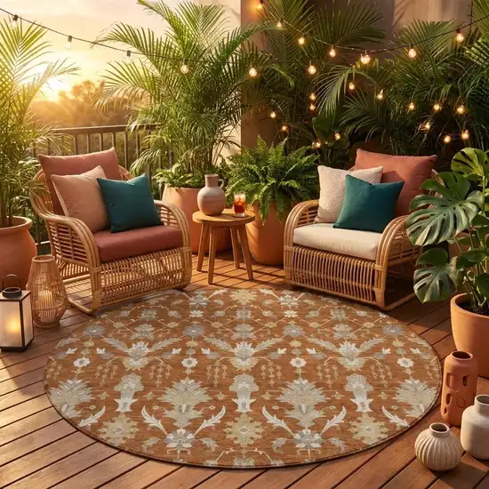 8' Orange And Beige Round Oriental Washable Indoor Outdoor Area Rug Photo 1