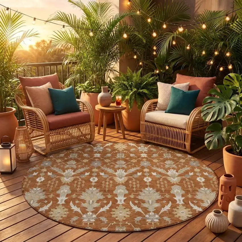 8' Orange And Beige Round Oriental Washable Indoor Outdoor Area Rug Photo 1