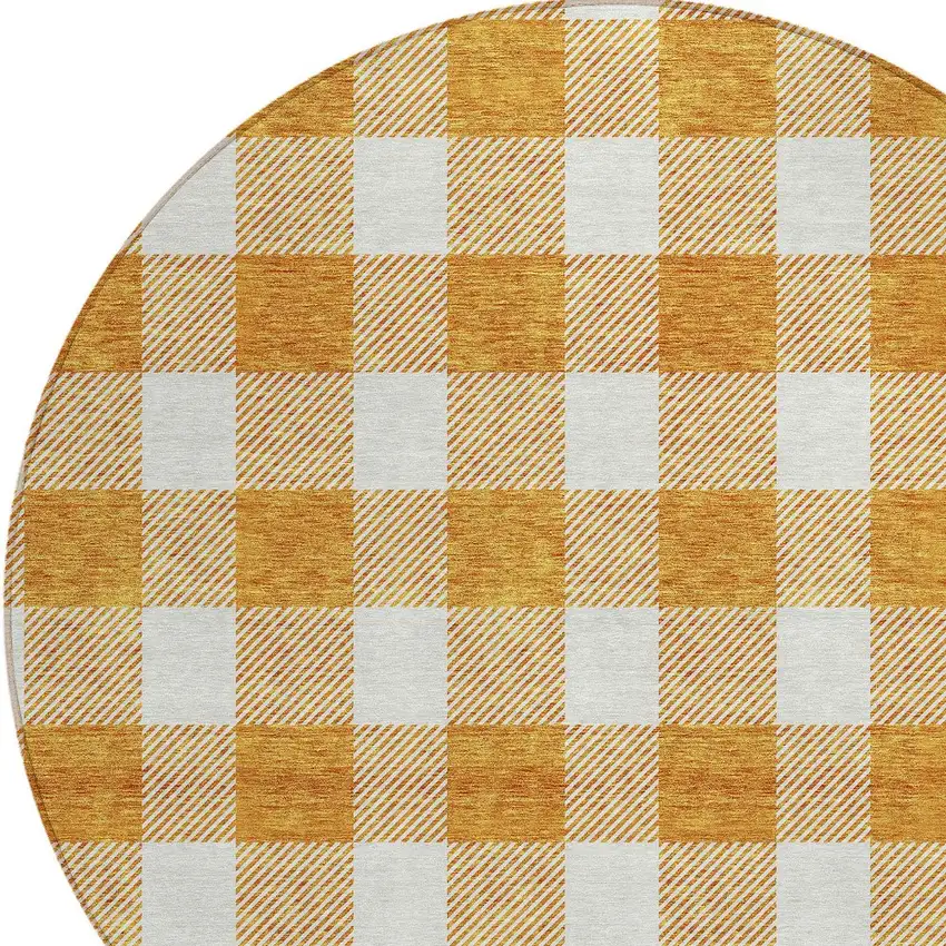 8' Orange And Beige Round Plaid Washable Indoor Outdoor Area Rug Photo 4