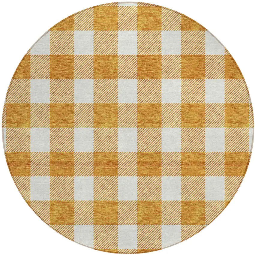 8' Orange And Beige Round Plaid Washable Indoor Outdoor Area Rug Photo 2