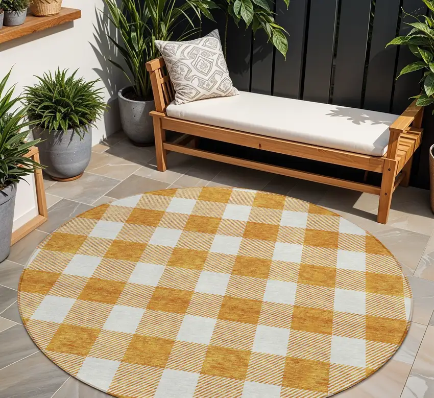 8' Orange And Beige Round Plaid Washable Indoor Outdoor Area Rug Photo 1