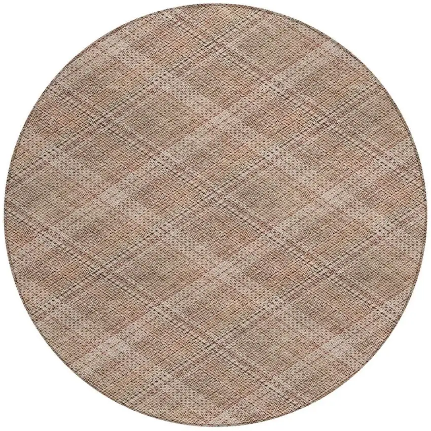 8' Orange And Beige Round Plaid Washable Indoor Outdoor Area Rug Photo 1