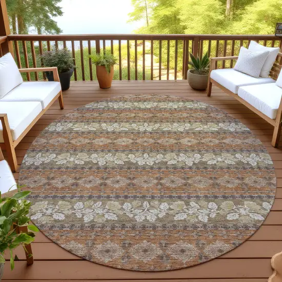 8' Orange And Beige Round Striped Washable Indoor Outdoor Area Rug Photo 4