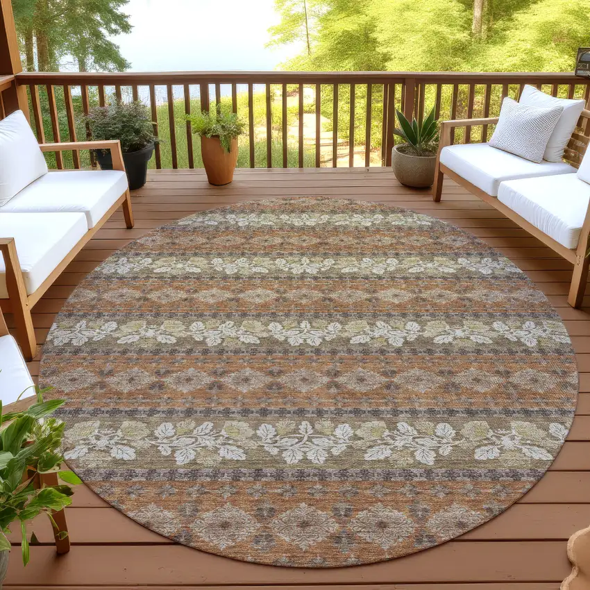 8' Orange And Beige Round Striped Washable Indoor Outdoor Area Rug Photo 4