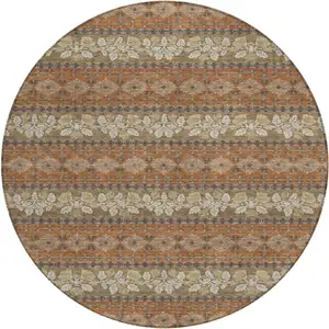 Photo of 8' Orange And Beige Round Striped Washable Indoor Outdoor Area Rug