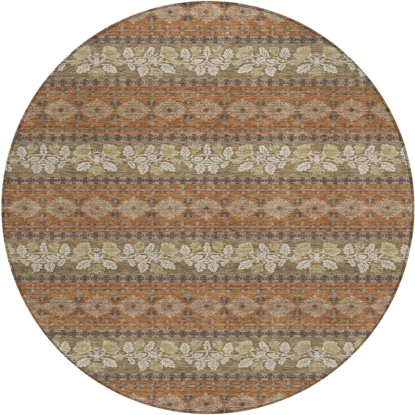 8' Orange And Beige Round Striped Washable Indoor Outdoor Area Rug Photo 1