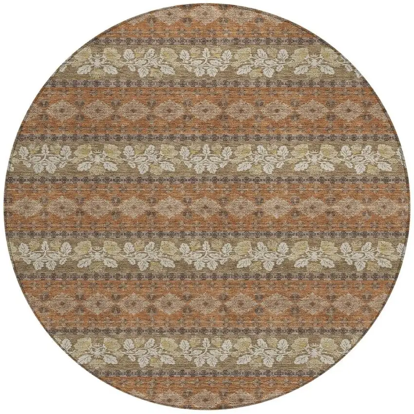 8' Orange And Beige Round Striped Washable Indoor Outdoor Area Rug Photo 3