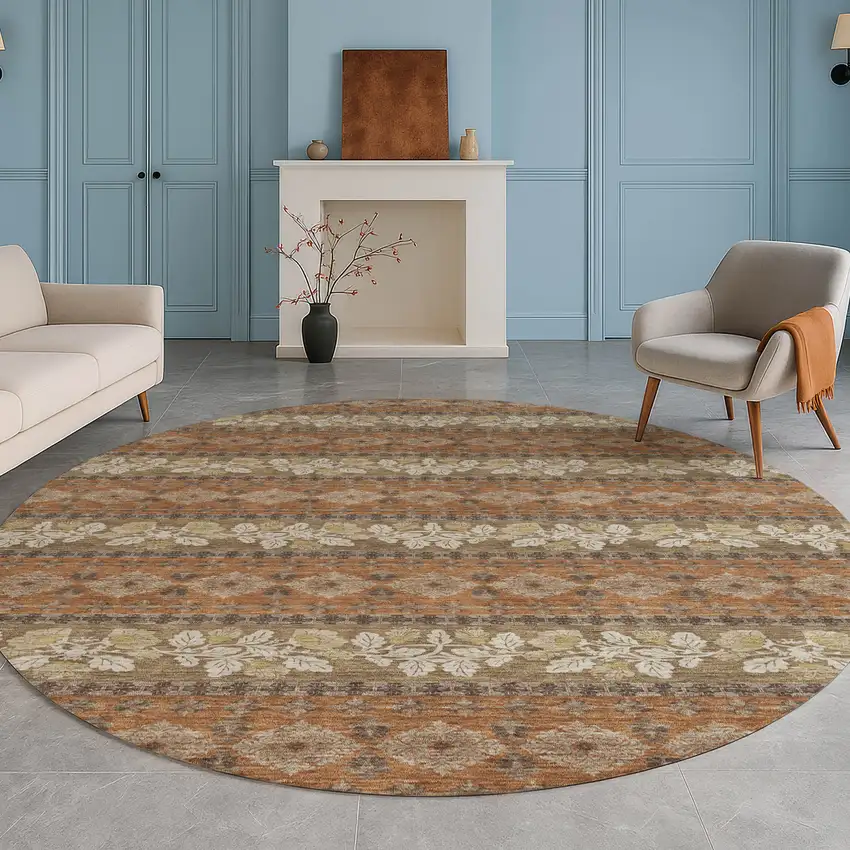 8' Orange And Beige Round Striped Washable Indoor Outdoor Area Rug Photo 5