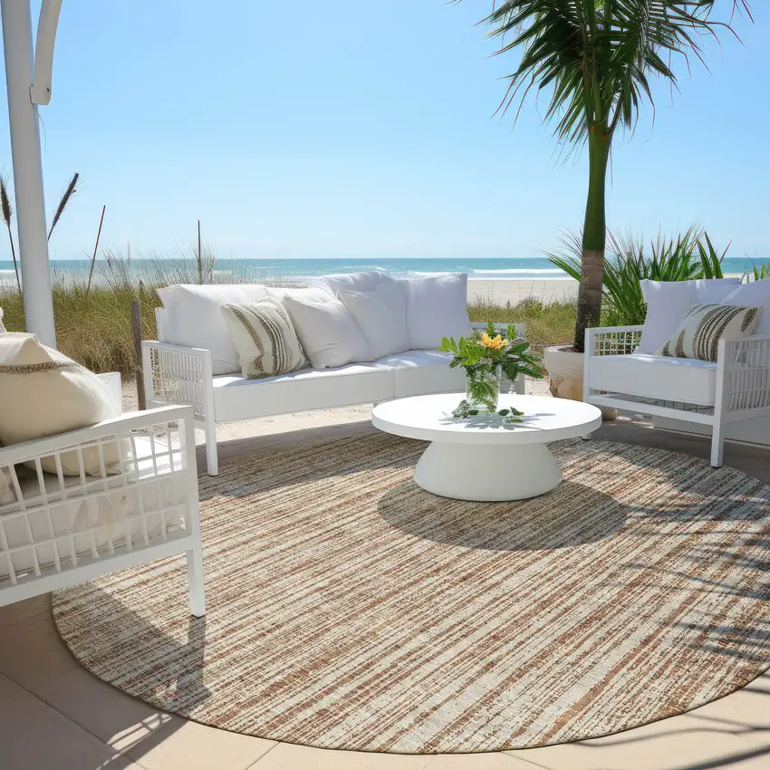 8' Orange And Beige Round Striped Washable Indoor Outdoor Area Rug Photo 6
