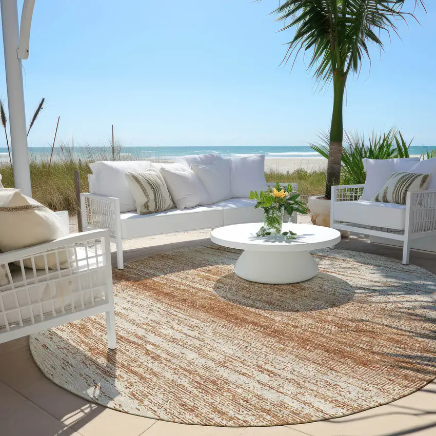 8' Orange And Beige Round Striped Washable Indoor Outdoor Area Rug Photo 5