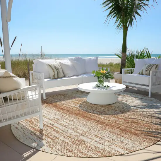 8' Orange And Beige Round Striped Washable Indoor Outdoor Area Rug Photo 5