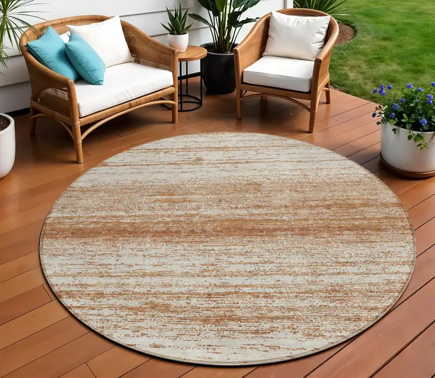 8' Orange And Beige Round Striped Washable Indoor Outdoor Area Rug Photo 1