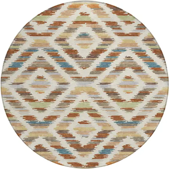 8' Orange And Beige Round Tribal Washable Indoor Outdoor Area Rug Photo 1