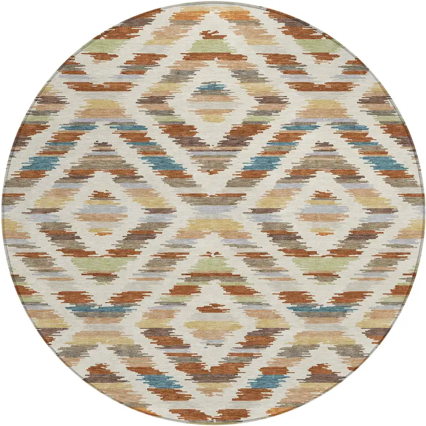 8' Orange And Beige Round Tribal Washable Indoor Outdoor Area Rug Photo 1