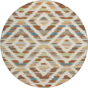Photo of 8' Orange And Beige Round Tribal Washable Indoor Outdoor Area Rug