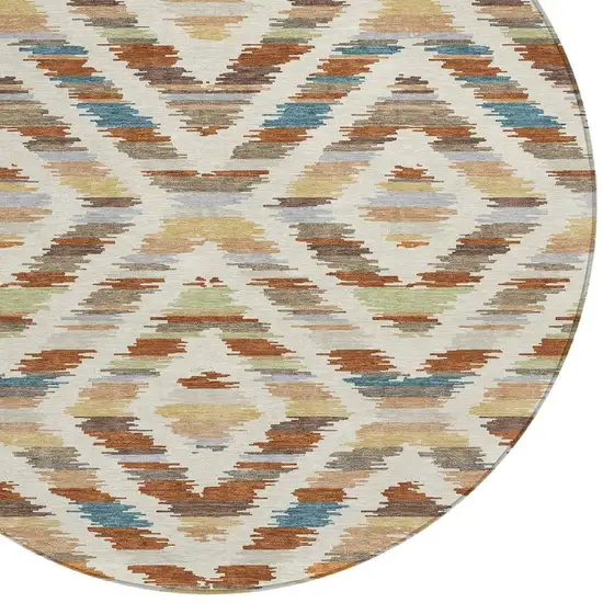 8' Orange And Beige Round Tribal Washable Indoor Outdoor Area Rug Photo 2