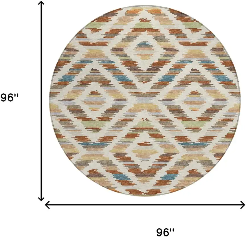 8' Orange And Beige Round Tribal Washable Indoor Outdoor Area Rug Photo 8