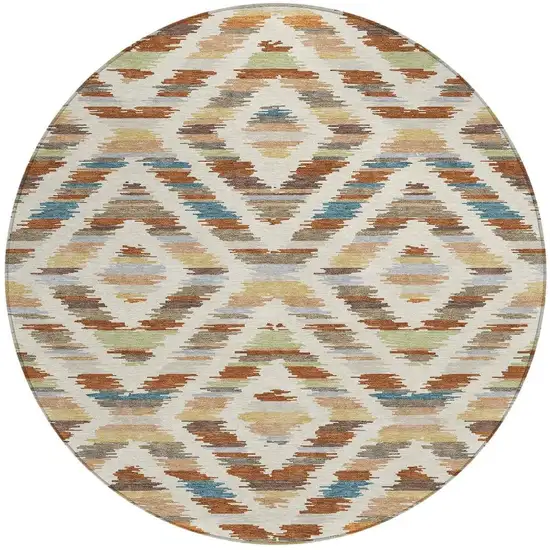 8' Orange And Beige Round Tribal Washable Indoor Outdoor Area Rug Photo 3
