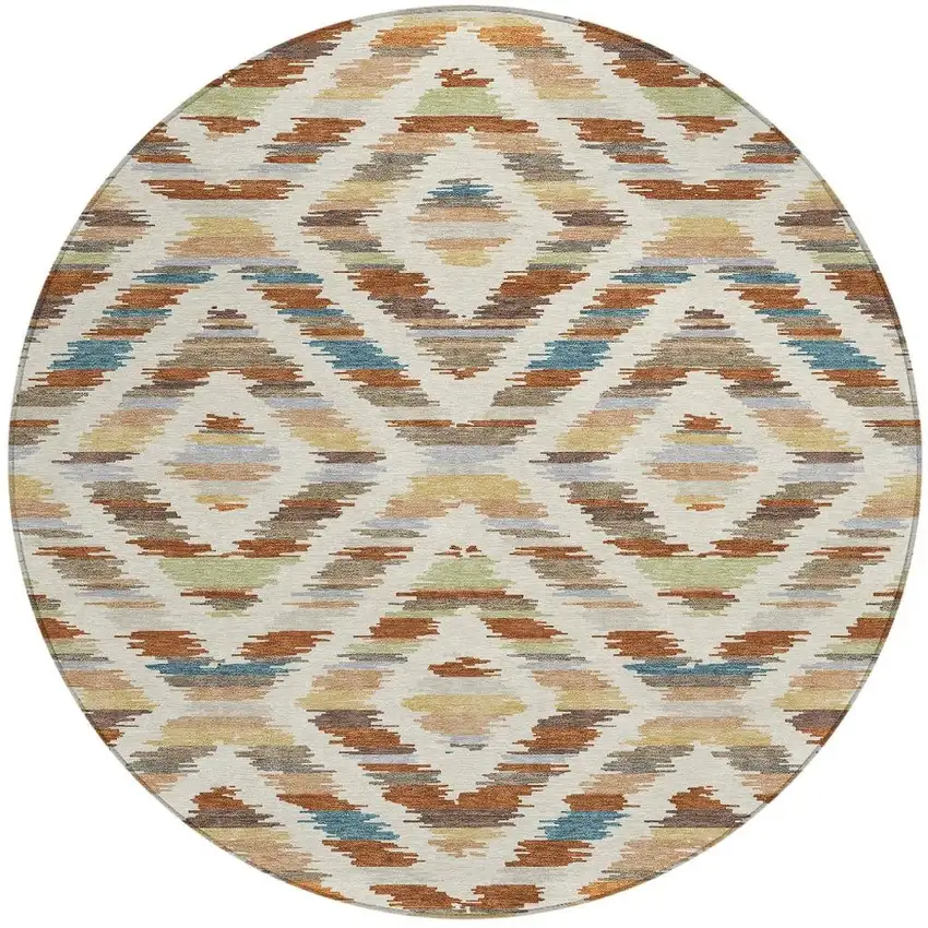 8' Orange And Beige Round Tribal Washable Indoor Outdoor Area Rug Photo 3