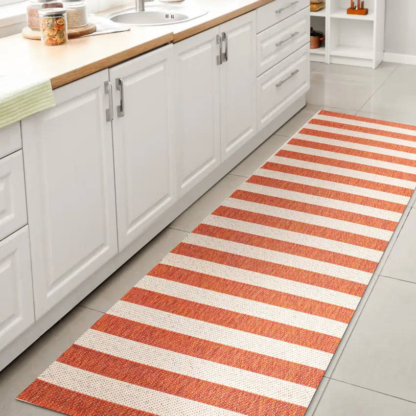 8' Orange And Beige Striped Indoor Outdoor Runner Rug Photo 6