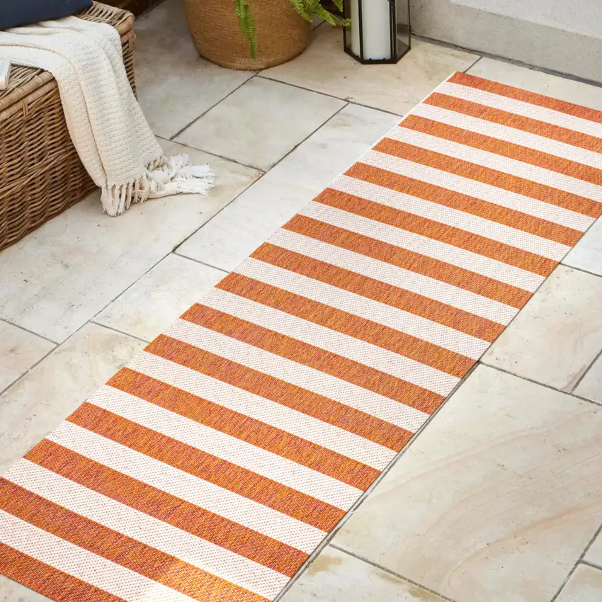 8' Orange And Beige Striped Indoor Outdoor Runner Rug Photo 5