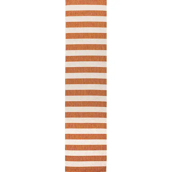 8' Orange And Beige Striped Indoor Outdoor Runner Rug Photo 1
