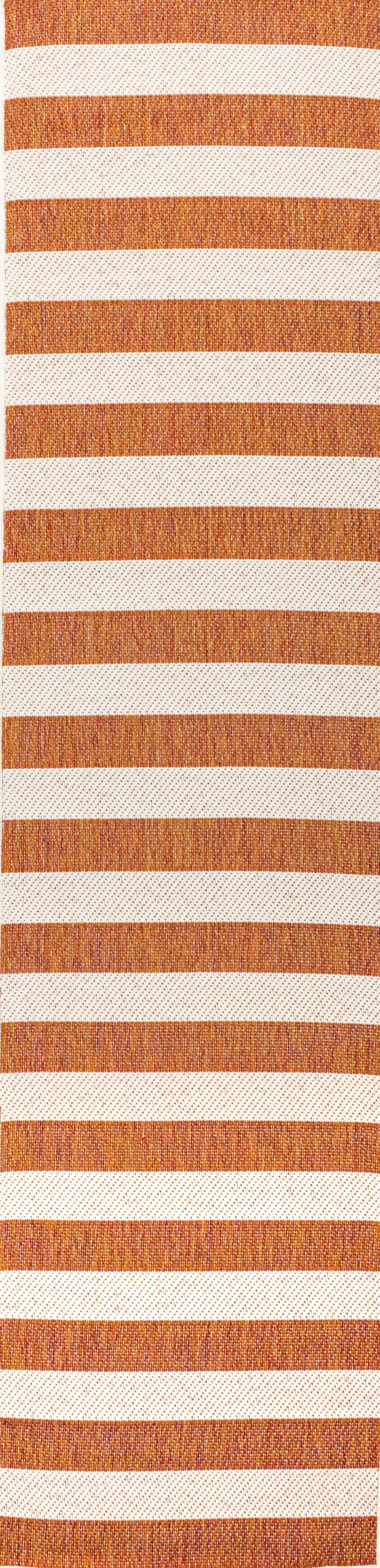 8' Orange And Beige Striped Indoor Outdoor Runner Rug Photo 1