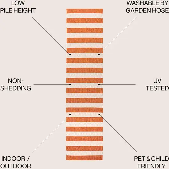 8' Orange And Beige Striped Indoor Outdoor Runner Rug Photo 8