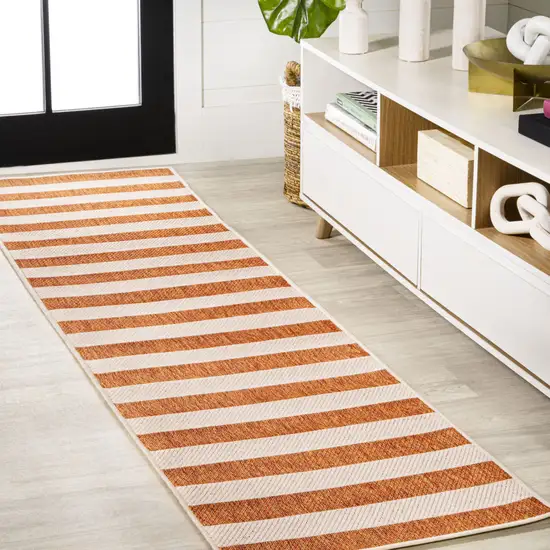 8' Orange And Beige Striped Indoor Outdoor Runner Rug Photo 4