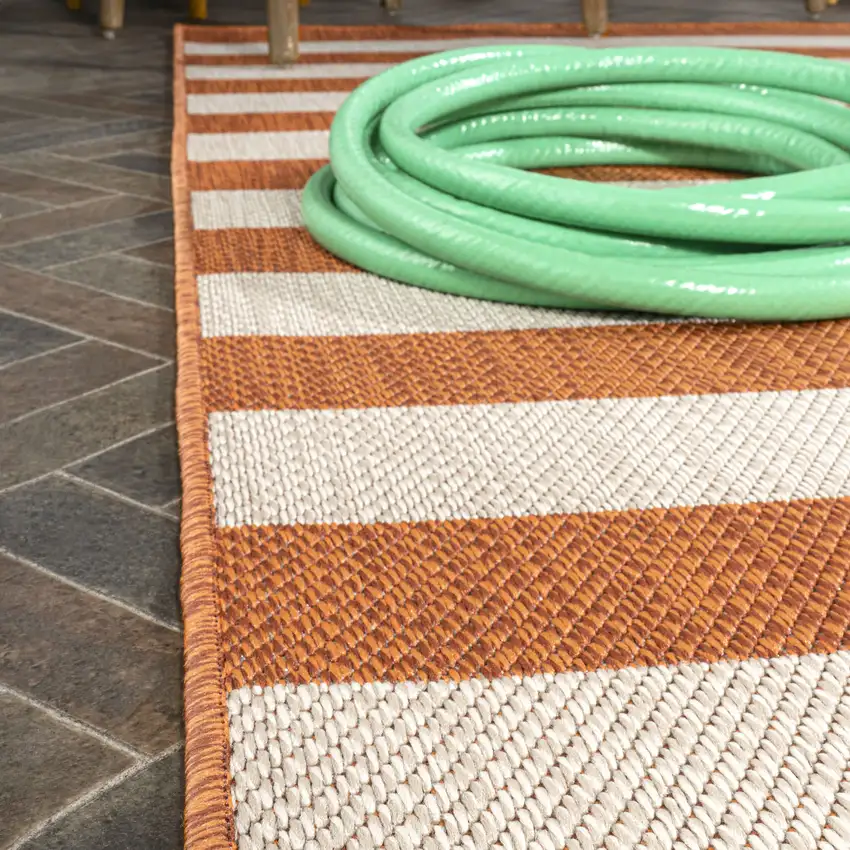 8' Orange And Beige Striped Indoor Outdoor Runner Rug Photo 7