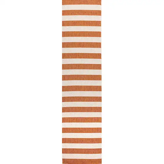 8' Orange And Beige Striped Indoor Outdoor Runner Rug Photo 3